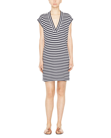 Striped Pique Extended Shoulder V-Neck Dress